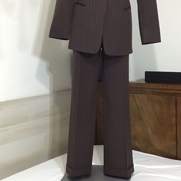 Lafayette 148 New York Chocolate Brown Pinstripe Wide Leg Trouser Pants Size 6 - Picture 2 of 11